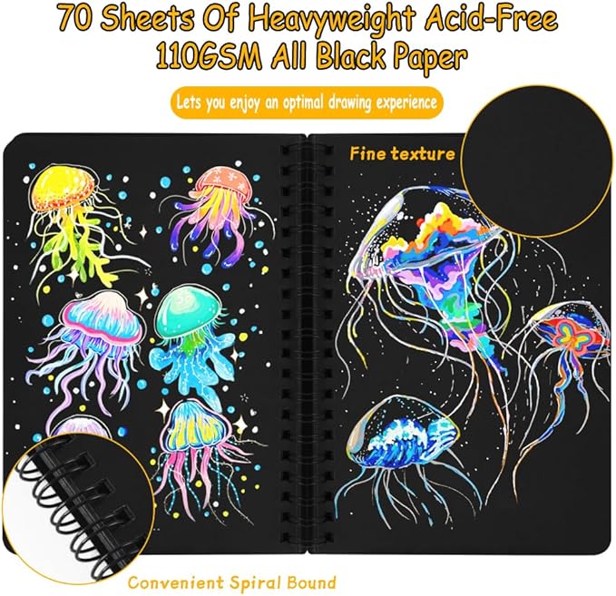 5x7in Black Paper Mixed Media Sketchbook, 110gsm Spiral Bound Art Journal Sketchbook, 70Sheets Acid-Free Travel Pocket Sketch Pad for Drawing, Illustration, Ideal for Most Dry Media