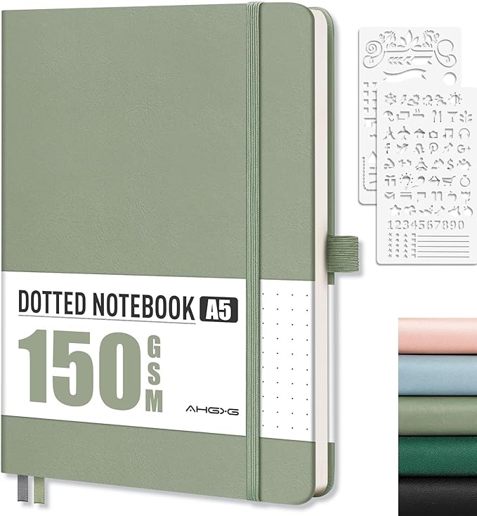 AHGXG Dotted Journal - 150 GSM Dot Grid Notebook Journal, Thick Acid-Free Paper, A5 Dotted Notebook 128 Pages, Leather Hardcover, Inner Pocket, Journal Stencil, 5.7'' × 8.3'', Sage Green