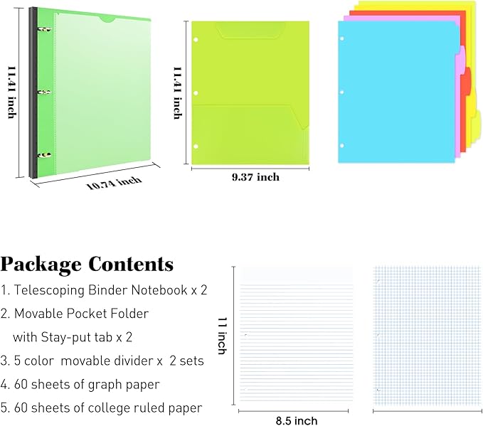INFUN All-in-one Telescoping Binder Notebook - 2PCS，Refillable 3 Ring Notebook Binder with 1 Plastic Movable Pocket Folder,5 Plastic Subject dividers and Graph Paper and College Ruled Paper - Green