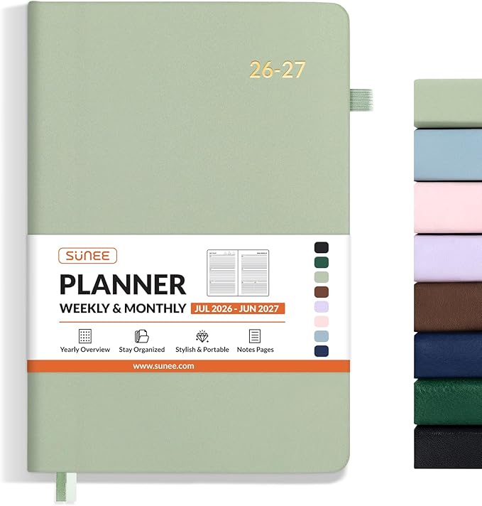 SUNEE 2026-2027 Weekly & Monthly Hardcover Planner 5.5" x 8.3" - 12 Month (July 2026 - June 2027), Small Academic Year Calendar Planner, Pocket, Notes, 100 GSM Paper, Sage Green