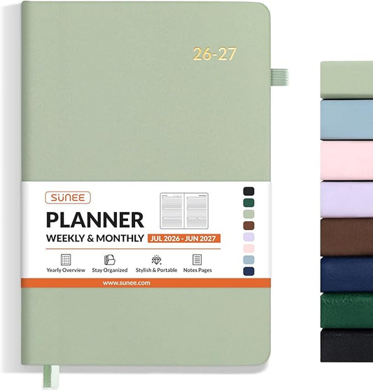 SUNEE 2026-2027 Weekly & Monthly Hardcover Planner 5.5" x 8.3" - 12 Month (July 2026 - June 2027), Small Academic Year Calendar Planner, Pocket, Notes, 100 GSM Paper, Sage Green