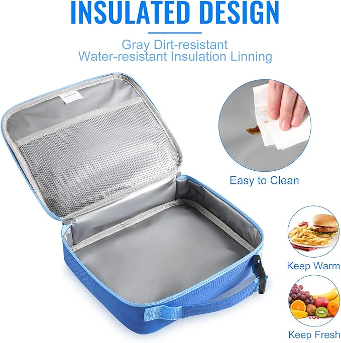 Genteen 2 Packs Insulated Soft Lunch Bag With Double Zipper - Sturdy, Freezable and Reusable for Kids, Men - For School, Work, Outdoor (Black & Blue)