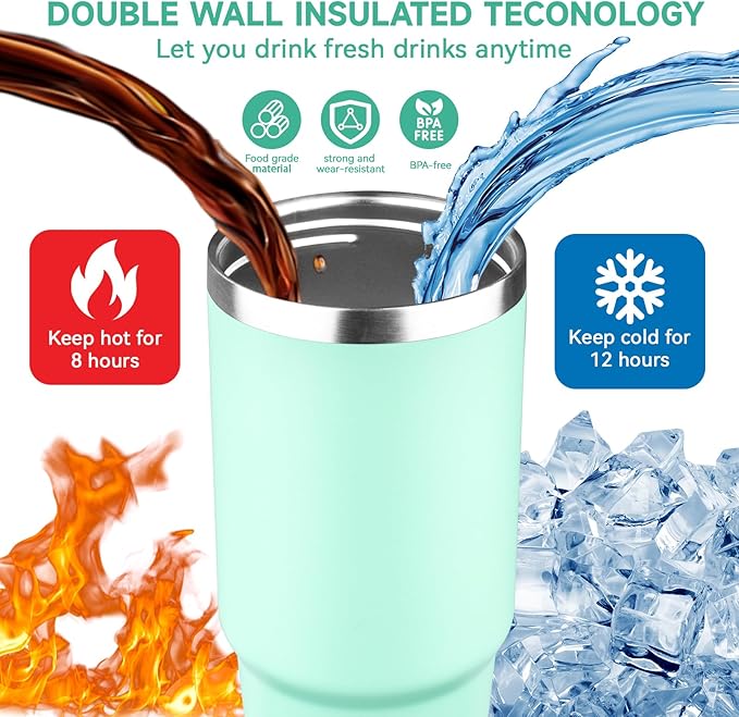 30oz Tumbler with Handle and Flip Straw Lid Double Wall Insulated Travel Coffee Mug Stainless Steel Vacuum Insulated Coffee Tumbler Cup for Hot and Cold Beverages,Leak-proof&BPA-free (30oz,Matte mint)