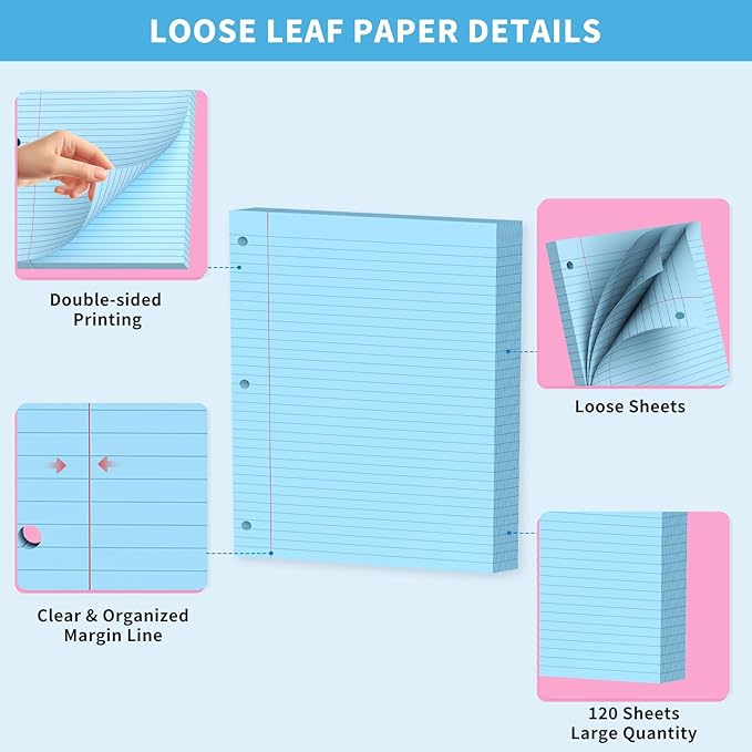 Blue Loose Leaf Paper 120 Sheets Colored Filler Pape 8" x 10.5" College Ruled Paper 3-Hole Punched Paper for 3-Ring Binders Notebook Lined 8 * 10.5 Binder Paper Blue Paper for School Office Supplies