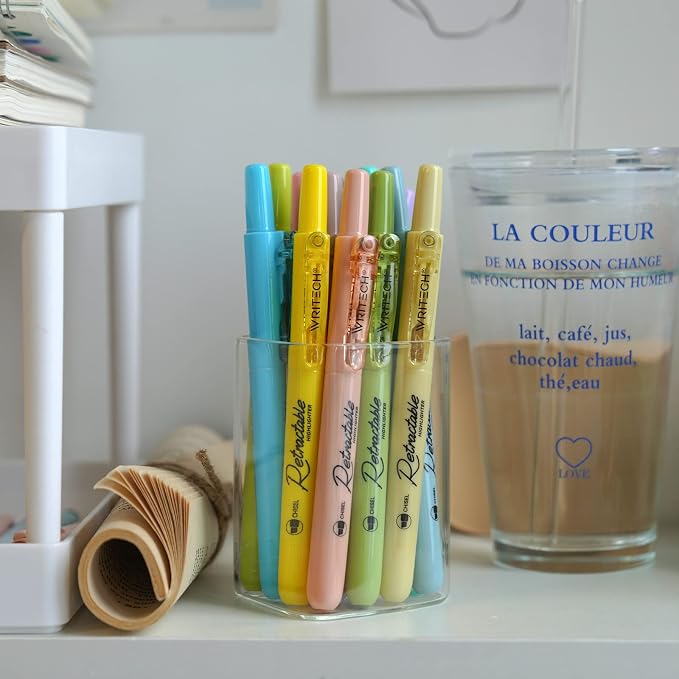 WRITECH Retractable Highlighters Bible Set: Pastel Colors Chisel Tip 12ct | Refillable Marker Pens No Bleed & Smear for Home School Office Highlighting Journaling Drawing Coloring Note-taking Writing