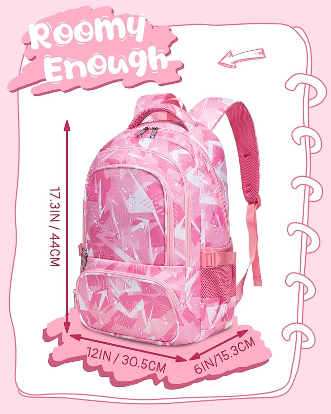 BLUEFAIRY Kids School Backpack for Boys Girls Ages 6-8 8-10 10-12 Elementary Middle School Book Bags with Laptop Compartment Mochilas Escolares para Niños Niñas de 8 10 12 Años (Pink, Geometric)