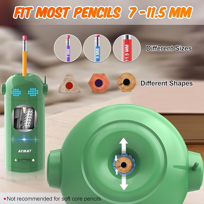 AFMAT Electric Pencil Sharpener, Fully Automatic Colored Pencil Sharpener for 7-11.5mm Pencils, Auto in &Out, Robot Pencil Sharpeners for Kids, Rechargeable Hands-Free with Dotted Eyes, PSX5ET, Green