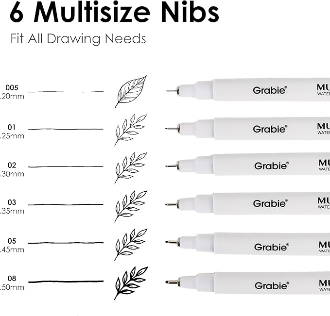 Grabie Micro Finerliner Pens, 6 Black Fine Line Waterproof Drawing Pens, Assorted Point Sizes for Sketching, Illustration, Journaling, Art Supplies