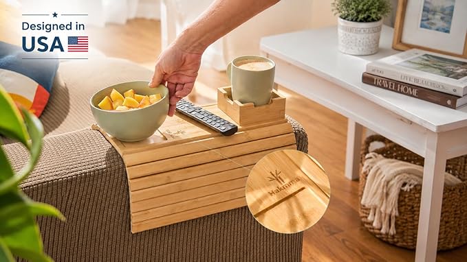 Couch Arm Tray Table – 3-in-1 Bamboo Sofa Armrest Tray with Cup Holder, Phone Slot & Remote Organizer, Foldable Anti-Slip Couch Table for Wide Armrests, Arm Chair Drink Holder, Couch Side Arm Tray