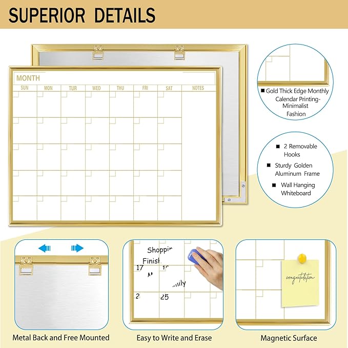 Gold Dry Erase Calendar Whiteboard for wall-20’’x28’’,Portable Aluminum Frame,Magnetic Calendar White Board,Wall Planner Dry Erase Board for Office, Kitchen, School, Home