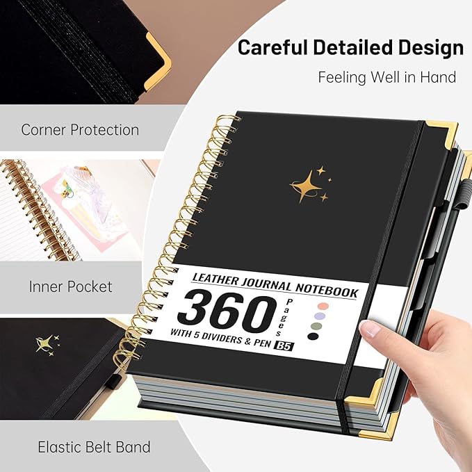 FLYING EAGLE Leather Spiral Notebooks for Work 5 Subject Notebook College Ruled with Dividers Pen, 360 Pages B5 Hardcover Lined Journals for Women Men Writing,Black