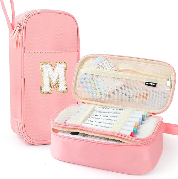 Extra Large Pencil Case,Big Capacity Pencil Pouch,Personalized Initial Pencil Bag with smooth zipper,Multiple Pockets,Cute Aesthetic Stationery Pen Case Bag for Teen Girls College (Pink, M)