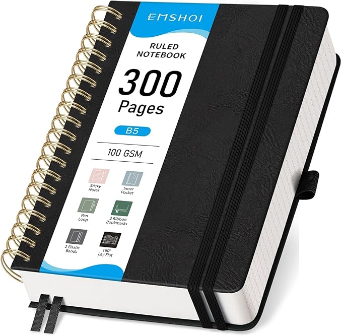 EMSHOI B5 College Ruled Spiral Notebook, Thick 300 Numbered Pages, 100GSM Ink-Proof PU Leather Hardcover Lay-Flat Lined Journal for Work Office School Writing, 7.48"x10.15", Black