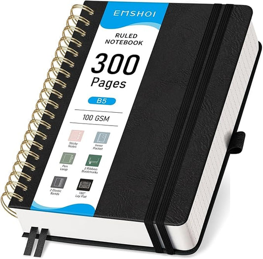 EMSHOI B5 College Ruled Spiral Notebook, Thick 300 Numbered Pages, 100GSM Ink-Proof PU Leather Hardcover Lay-Flat Lined Journal for Work Office School Writing, 7.48"x10.15", Black