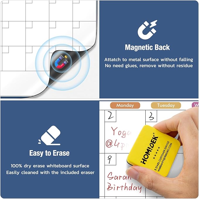 HOMiDEK Magnetic Dry Erase Calendar for Refrigerator - Large Fridge Whiteboard Calendar - Magnet Monthly Planner Family Planning Board with Dry Erase Markers & Eraser - 17.5 x 17.5 Inches