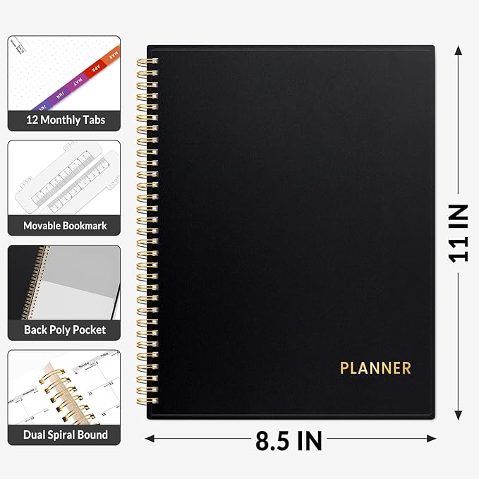 SUNEE Academic Planner 2026-2027 – Weekly & Monthly Planner, July 2026 to June 2027, 8.5"x11", Thick Paper, Tabs, Pockets, Bookmark, Spiral-Bound, Student Teacher Organizer, Black