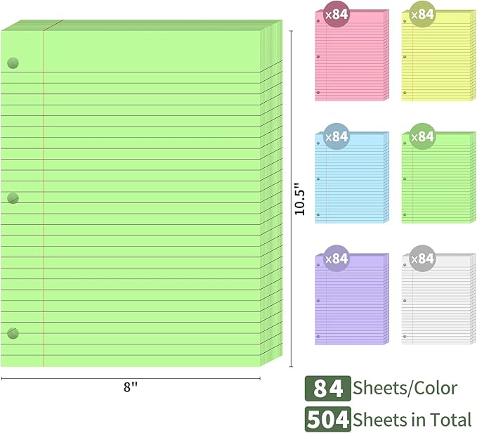 504 Sheets Loose Leaf Binder Paper, 6-Color Wide Ruled Lined Paper, 8” x 10.5”, 3-Hole Punched Notebook Paper Writing Paper for School Office