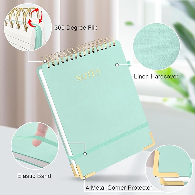 Aesthetic Top Spiral Notebook, A4 Large Linen Hardcover Top Bound Steno Pads, 240 Pages 100gsm Thick Lined Paper Left Handed Notebook Journal for Work, School, Church Writing - Green, 8.5" x 11"