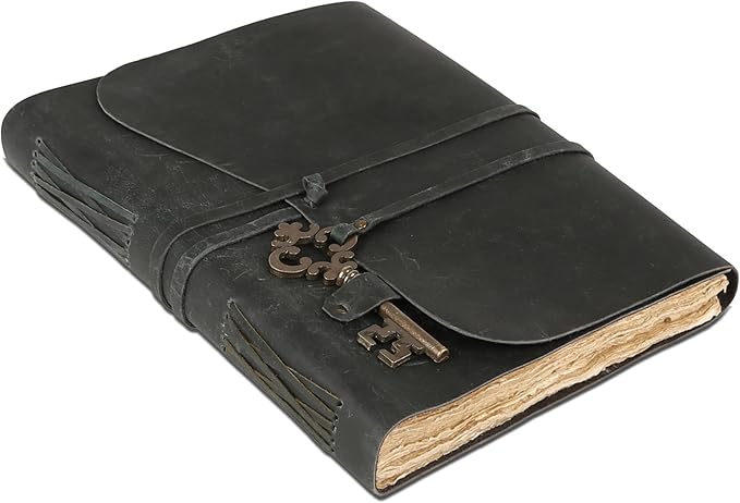 Leather Journal with Deckle Edge Paper 8x6 inch and Vintage Key | Handmade Writing Notebook Diary | Bound Daily Notepad for Men & Women Medium, Sketch/Writing pad for Artists