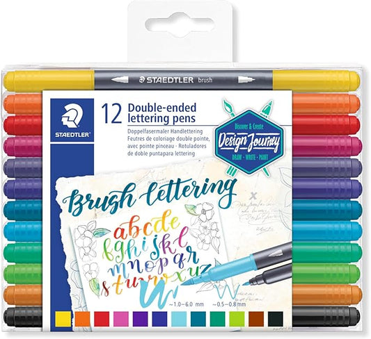 Staedtler Double-ended Brush Marker Brush Letter Duo, Creative Lettering, Flexible and Fine Tip, Blendable Ink, Set of 12 Assorted Colors, 3004TB12A6