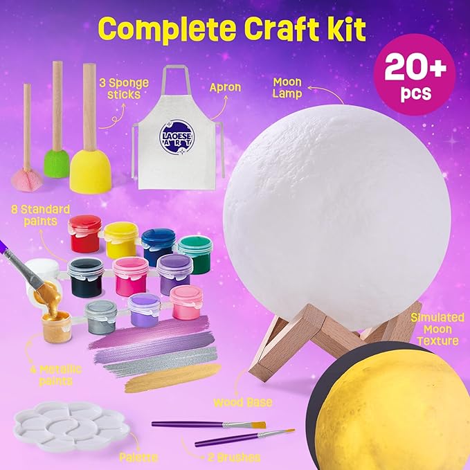 LAOESE Paint Your Own Moon Lamp Kit, Cool Gifts DIY 3D Moon Night Light, Arts and Crafts for Kids Ages 8-12, Space Art Supplies Craft Kits, Girls Boys Birthday Gifts for Kids Ages 3 4 5 6 7 8-12+