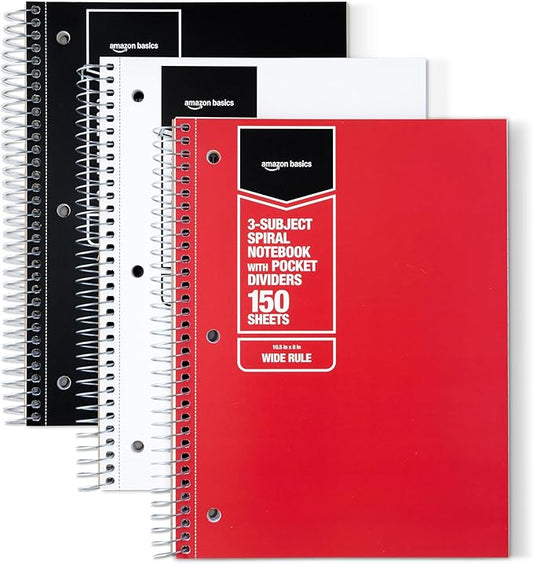 Amazon Basics Wide Ruled 3-Subject Spiral Notebooks with Pocket Dividers, 150 Sheets, 10.5" x 8", Assorted Primary Colors, 3-Pack