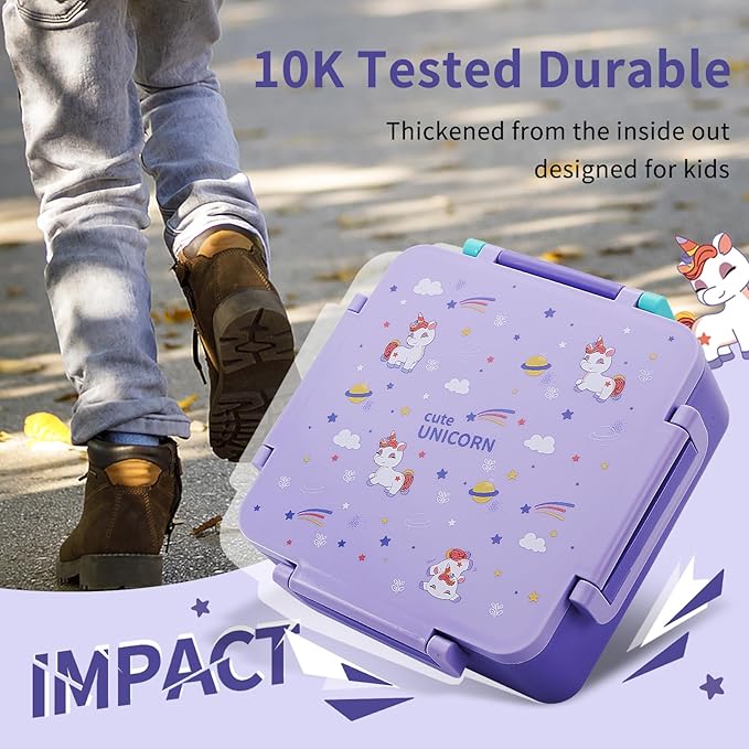 Bento Box for Kids with Thermos, [Large Capacity] Insulated Kids Lunch Box with 4 Compartment for Ages 3+, Drop-Proof & Dishwasher Safe Lunchbox Container Purple