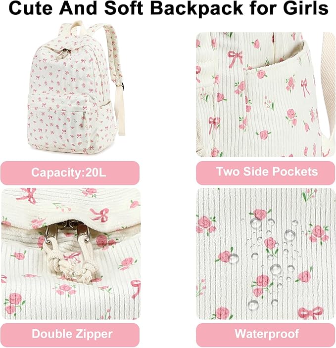 BTOOP School Backpack for Girls Teens Large Corduroy Bookbag Lightweight 15.6 inch Laptop Bag for Women Casual High School College (Pink Bow Floral)