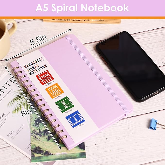 LABUK Spiral Notebook, 160 Pages A5 Lined Hardcover Notebook, 5.5 x 8in Spiral Journal for Women and Man, Work, Writing