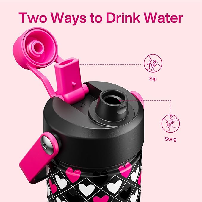 ENCOOL Insulated Water Bottle with Straw Stainless Steel Water Bottle, Leak-Proof, BPA-Free, Keeps Cold for 24 Hours for Sports, Travel, School (26 oz,Bold Hearts Valentine x Black)