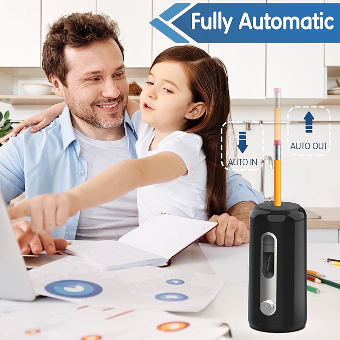 Electric Pencil Sharpener, Fully Automatic Pencil Sharpener for 6.9-10.8mm Colored/Jumbo Pencils, Auto in & Out, Rechargeable Hands-Free Sharpener for Classroom Home Office，Black
