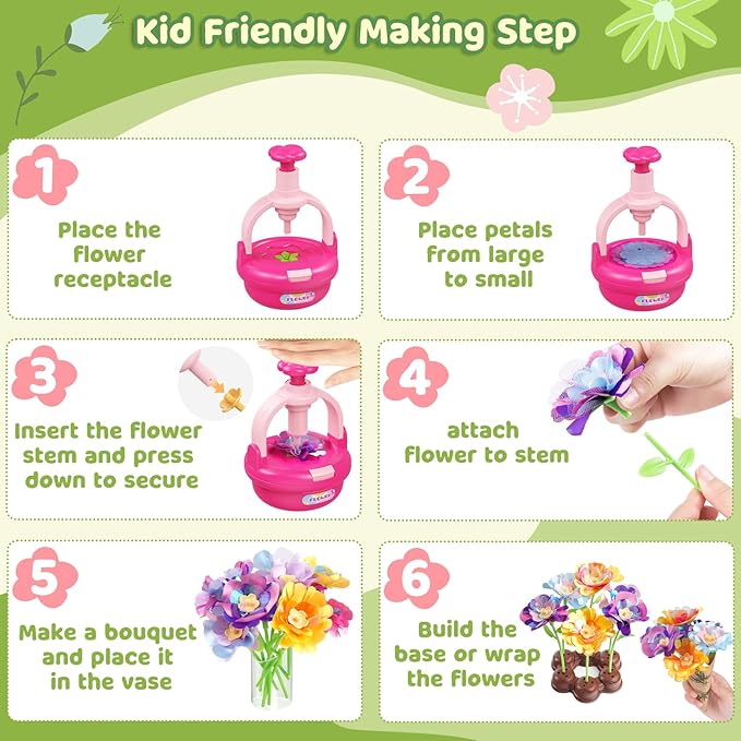 Flower Bouquet Making Kit for Kids Ages 4-8—DIY Arts and Crafts Toy, Build Your Own Flower Arrangement, Flower Press Craft Kit, Handmade Bouquet Birthday Gift for 3 4 5 6 7 8 9 Year Old Girls-[Rose]