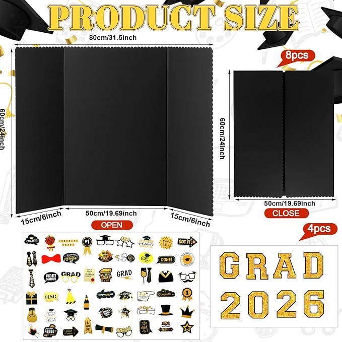 MiniInflat 4 Set 2026 Graduation Picture Trifold Poster Board Double-sided Foldable Photo Display Board Graduation Decoration for Class of 2026 High School College DIY Craft(Black Gold,24 x 32 Inches)