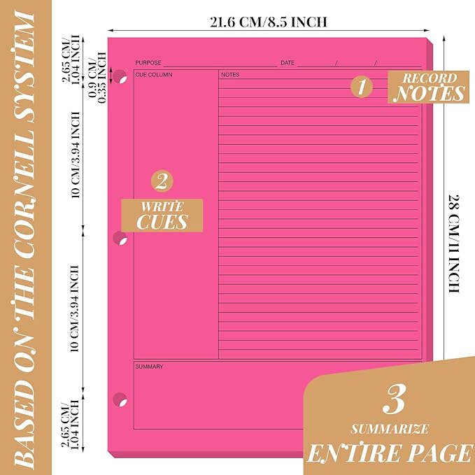 Ctosree 200 Sheets Cornell Notes Loose Leaf Paper, 8.5 x 11 Inch, 3 Hole Punch, Cornell Notes Filler Paper for School Office College Business Home (Fluorescent Color)