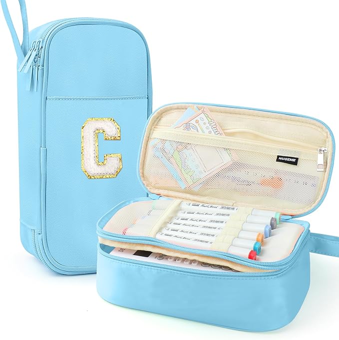 Large Pencil Case,Big Capacity Pencil Pouch,Personalized Initial Pencil Bag with smooth zipper,Multiple Pockets,Cute Aesthetic Stationery Pen Case Bag for Teen Girls College (Blue, C)
