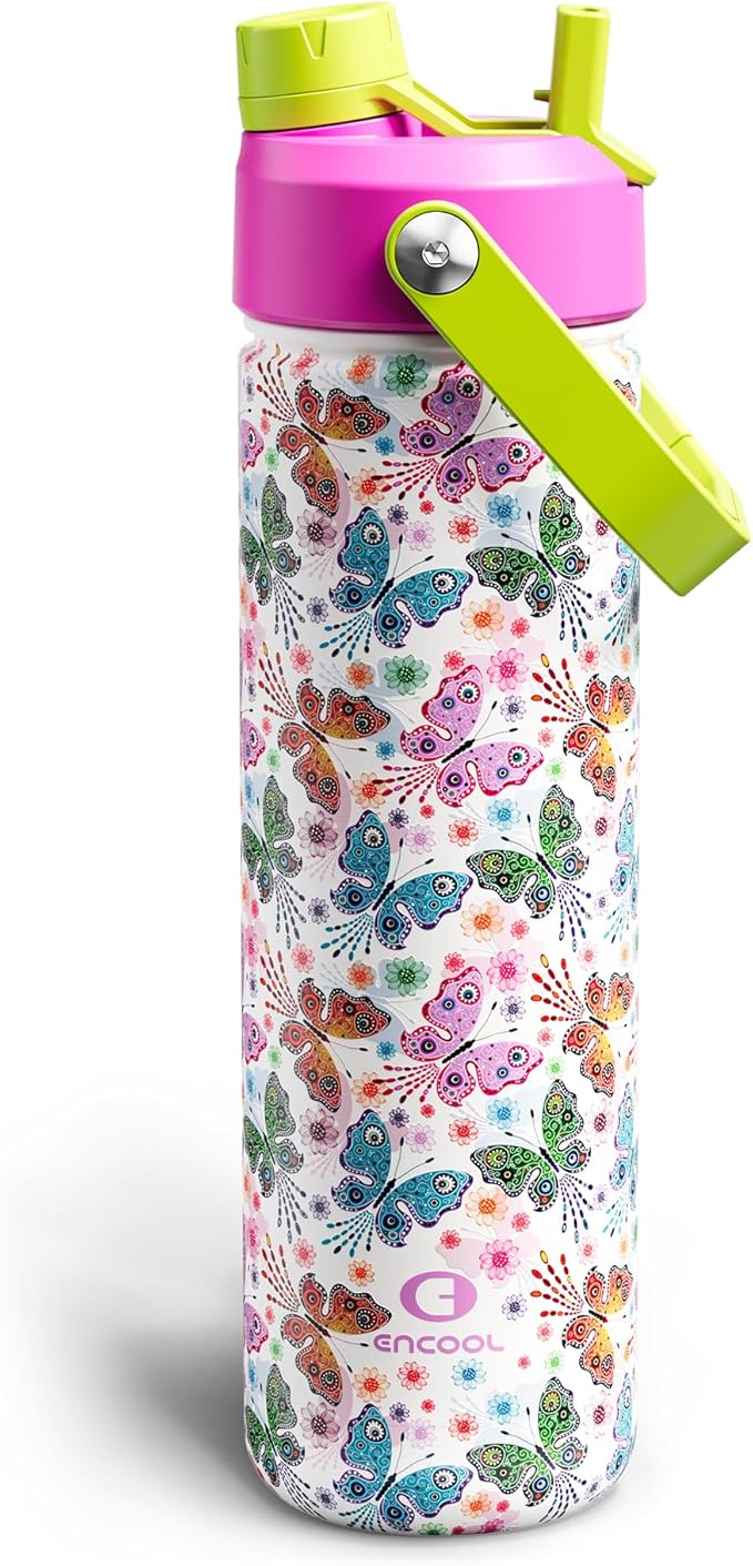 ENCOOL Insulated Water Bottle with Straw Stainless Steel Water Bottle, Leak-Proof, BPA-Free, Double Wall Vacuum Keeps Cold for 24 Hours for Sports, Travel, School (26 oz, Aesthetic Butterfly)