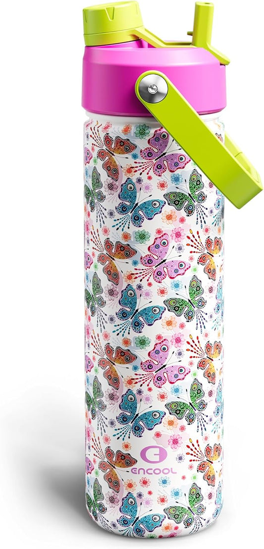 ENCOOL Insulated Water Bottle with Straw Stainless Steel Water Bottle, Leak-Proof, BPA-Free, Double Wall Vacuum Keeps Cold for 24 Hours for Sports, Travel, School (26 oz, Aesthetic Butterfly)
