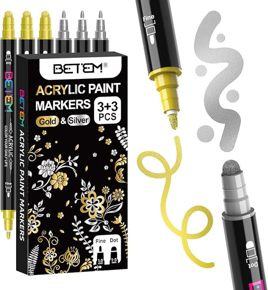 Betem 6 Gold&Silver Dual Tip Acrylic Paint Markers, Fabric Decorating Kits Premium Water-Based Acrylic Paint Pens Art Supplies for Fabric, Rock, Wood, Glass, Canvas, Ceramic, Teacher Appreciation Gift