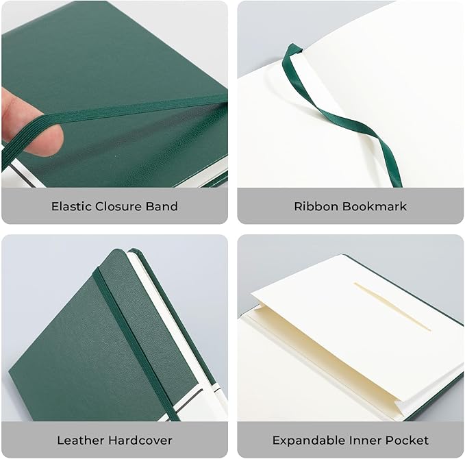 M&G Blank Journal Notebook, 160 Pages, A5 Medium Size 5.6" x 8" for Men Women, 100GSM Thick College Ruled Paper for Journaling, Writing, Sketching, Leather Hardcover, Green