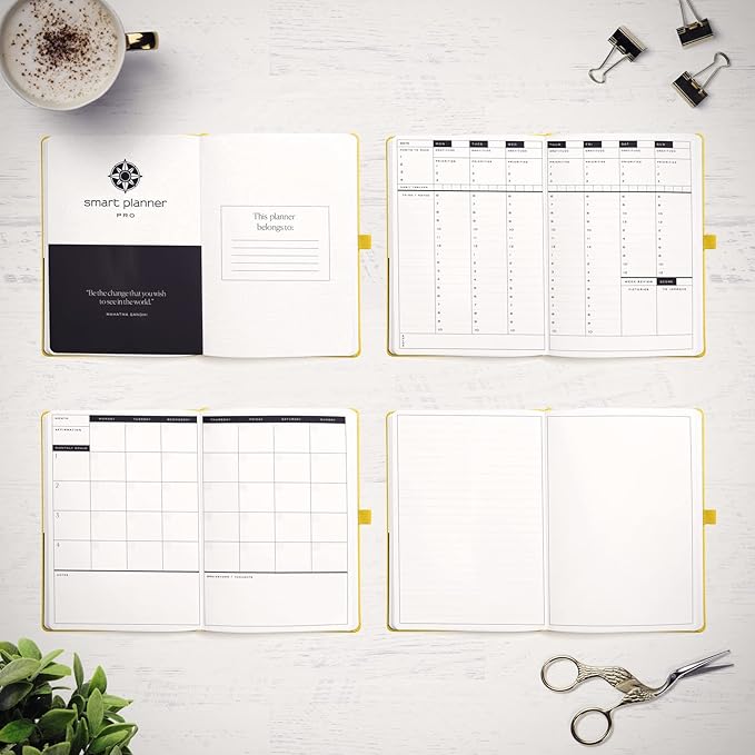 Smart Planner Pro – Undated Daily Planner – Medium B5 – Achieve Goals & Increase Productivity with Weekly, Monthly, Work Sections - Organizer Planner with Back Pocket, 3 Satin Bookmarks & Pen Holder