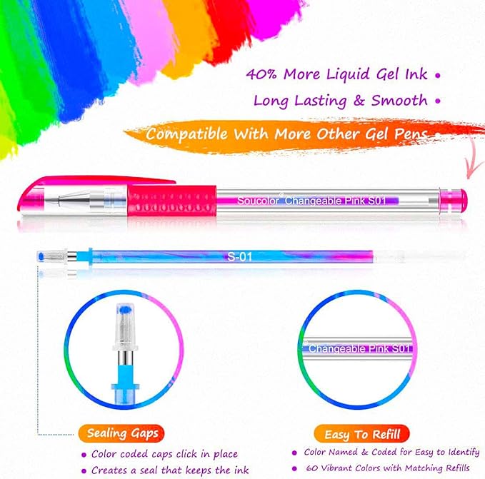 Soucolor Gel Pens for Adult Coloring Books, Deluxe 120 Pack-60 Colored Gel Pens, 60 Refills, with 40% More Ink, Art Markers Set, Black Case for Drawing Journaling Scrapbooking Art Kit Supplies