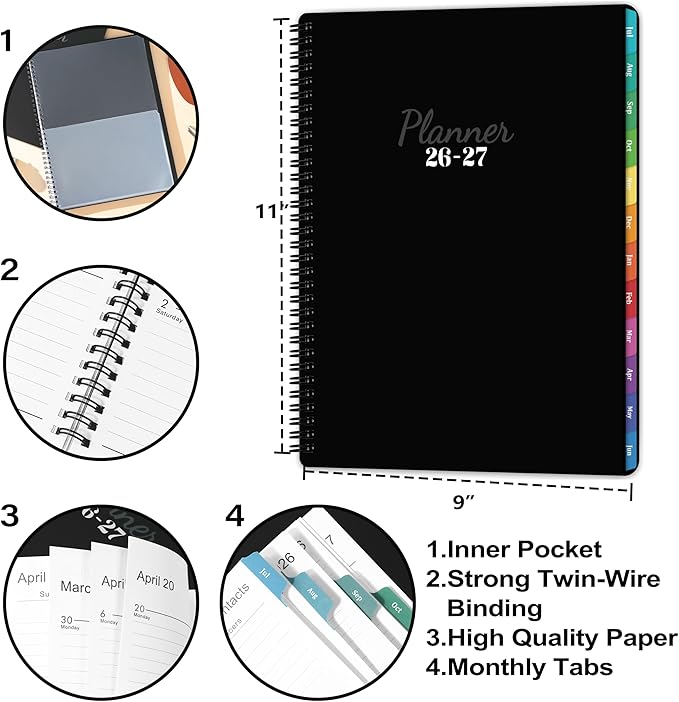 Academic Planner 2026-2027 - Planner Weekly and Monthly 2026-2027, Jul. 2026 - Jun. 2027 11'' x 9'', Planner 26-27 with Colorful Tabs, Premium Paper, Twin-wire Binding - Classic Black