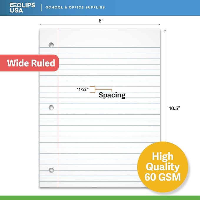 Wide Ruled Loose Leaf Paper Wide Ruled Notebook Paper Lined Writing Filler Paper 10.5” x 8” 56 gsm 1200 Sheets 100 Sheet Per Pack (12 Pack)