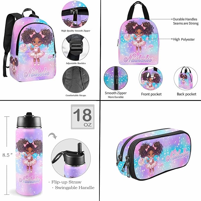 M YESCUSTOM Personalized Girls Backpack Lunch Bag Custom Colorful Kids Backpack for Elementary Preschool School, Waterproof Daypack Back Pack for Girls Cute Travel Bag Water Bottle