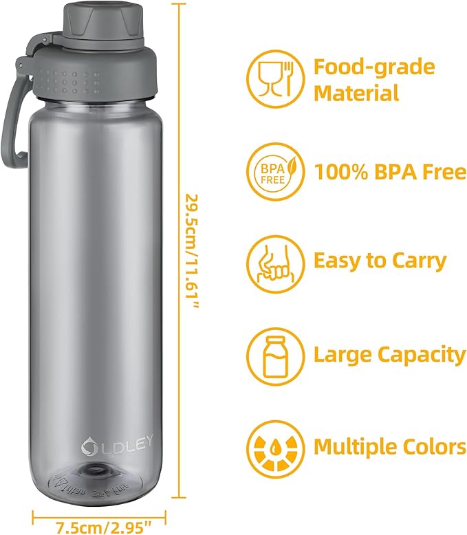OLDLEY 32 oz Water Bottle, Sports Tritan Water Bottle with Carry Handle and Spout Lid, Leakproof & BPA Free Large Water Bottles for Home,Travel, School, Outdoors, Gym, Gray