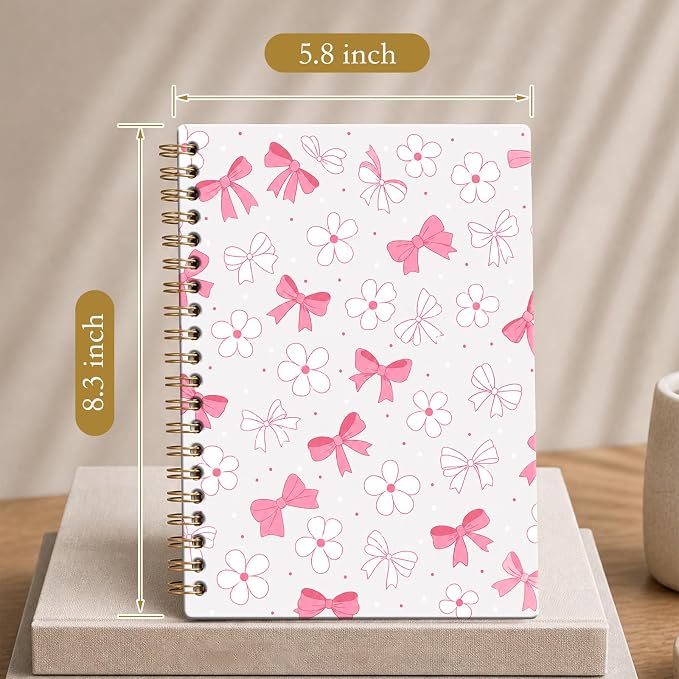 ATJFKIXL Cute Spiral Journal Notebook, A5 120 Page College Ruled Wirebound Notebook, Soft Cover for Students Office Notes and Planning - Pink Bow Daisy