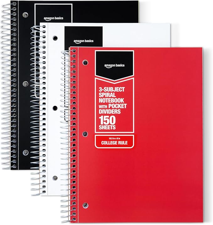 Amazon Basics College Ruled Spiral Notebook, 3-Subject with Pocket Divider, 150 Sheets,8''x10.5'', Assorted Primary Colors, 3 pack