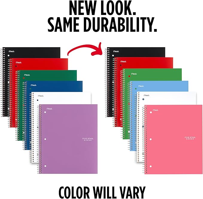 Five Star Spiral Notebook + Study App, 1 Subject, College Ruled Paper, 8.5" x 11", 100 Sheets, Assorted Colors, 6 Pack (820097)