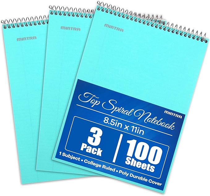 Mintra Office TOP BOUND Durable Spiral Notebooks (Teal, College Ruled 3pk)