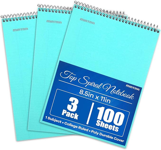 Mintra Office TOP BOUND Durable Spiral Notebooks (Teal, College Ruled 3pk)